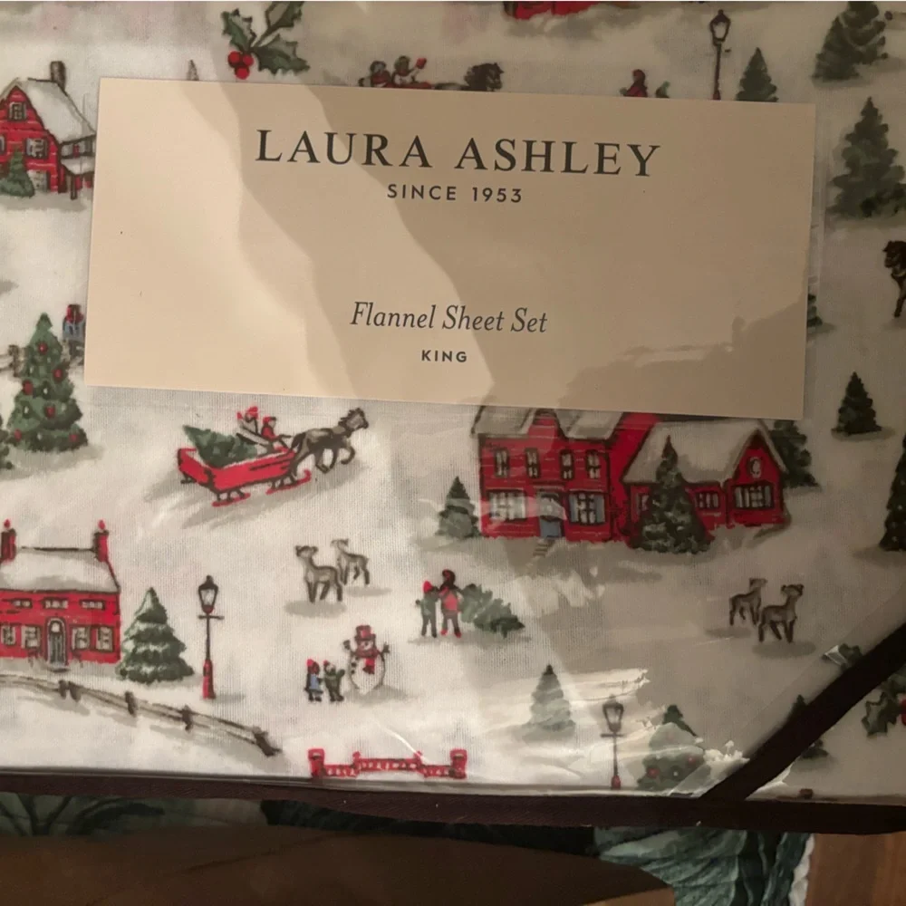 Laura Ashley Festive Holiday village king Flannel Sheet Set - Red and Green